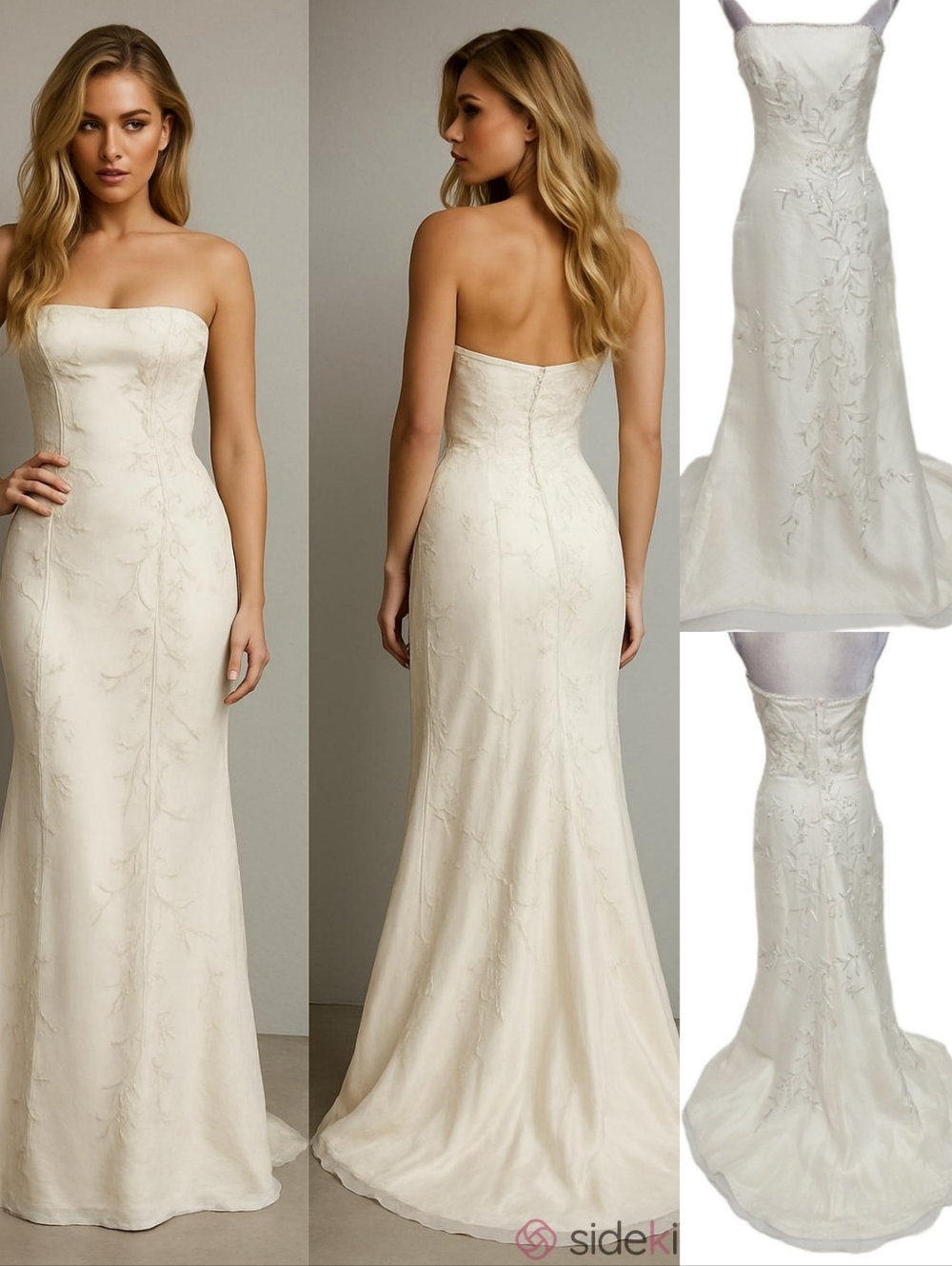 90s Vintage Lazaro Cream Silk Floral Embroidered Pearl Strapless Column Dress 10